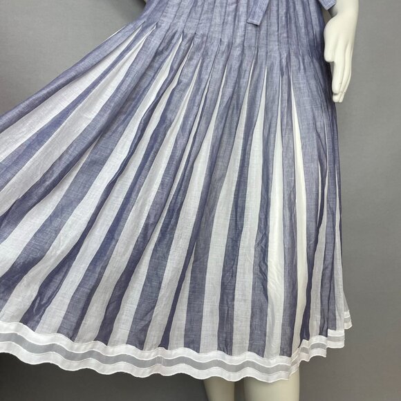 Vintage Albert Nipon Pleated Dress Striped Short Sleeves Tie Belt 1980s Nautical - Picture 9 of 14